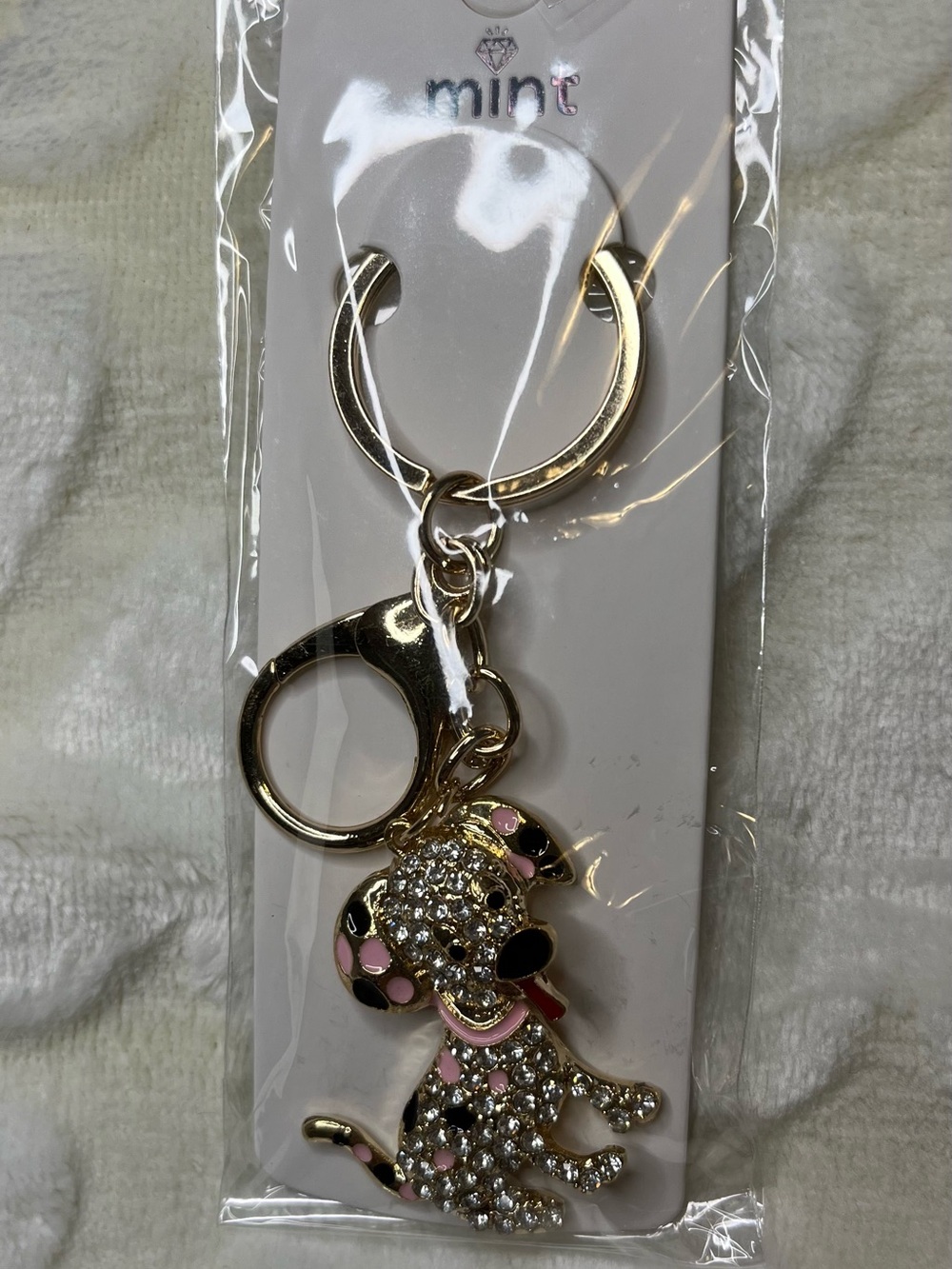Mint Gold-Tone Pink & Clear Crystal Puppy Keyring